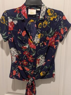 Anthropologie Maeve Navy Floral Tie-Front Button Down Shirt